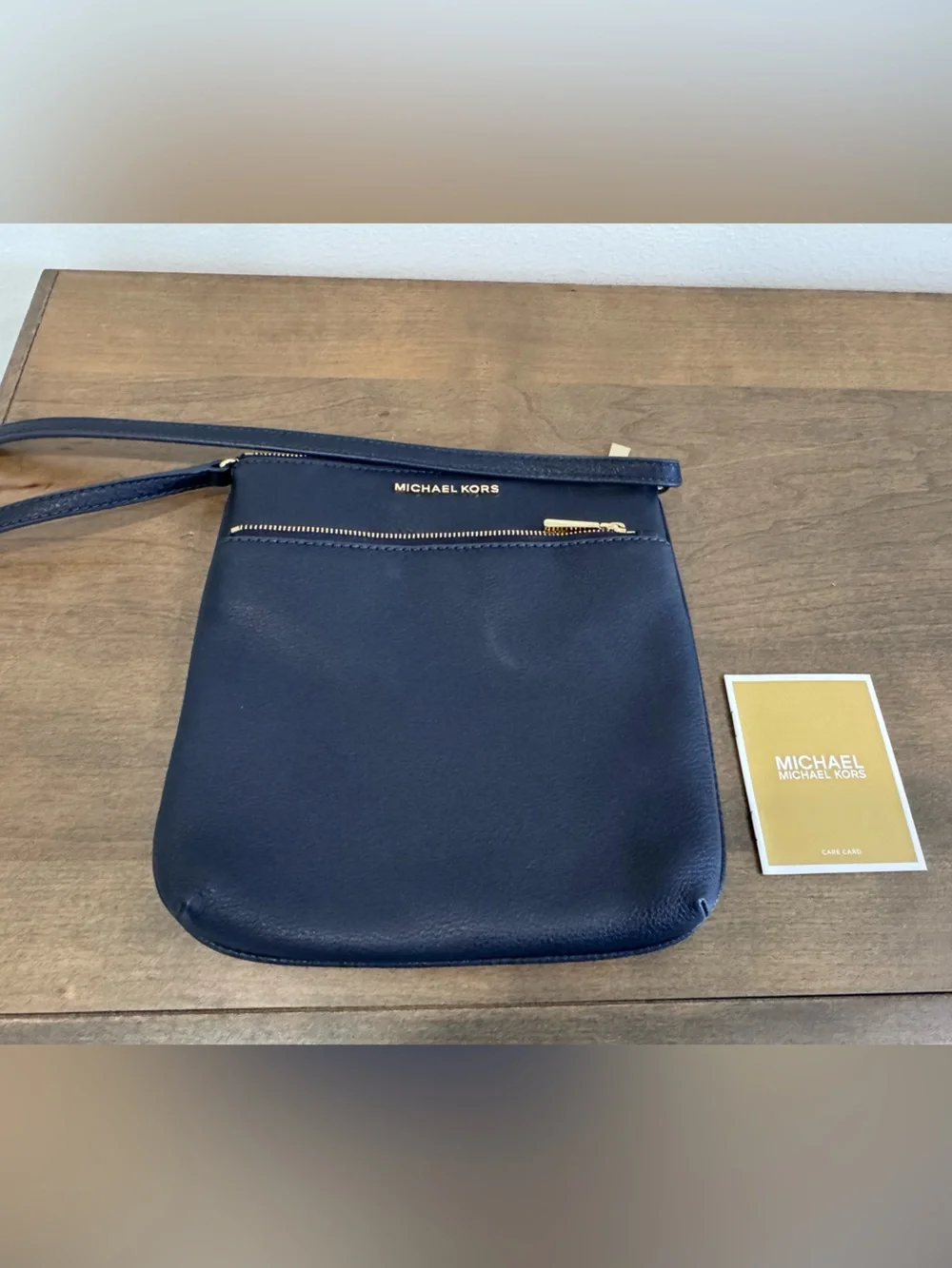Michael Kors Navy Leather Crossbody with Gold Tone Zip